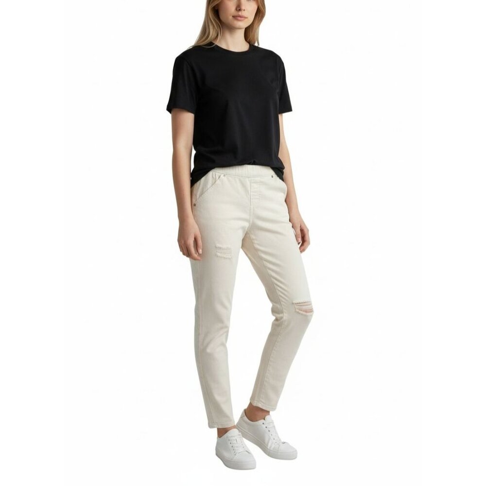Simply Vera Womens White Distressed Skinny Jeans Size S Elastic Waist Stretch De